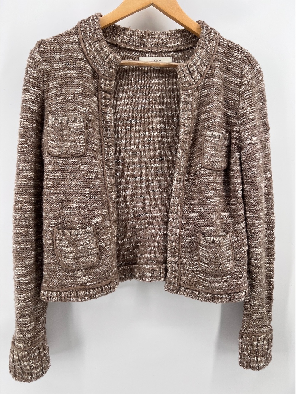 LOFT Wool Rabbit Hair Blend Chunky Knit Open Front Cardigan Jacket Brown Small